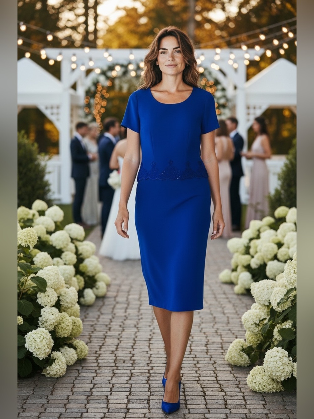 R&M Richards royal blue formal dress with a delicate beaded scalloped waist